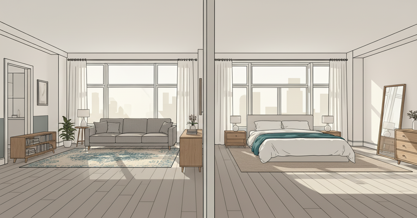 Boston furnished apartment with bedroom set, living room furniture, dining table, and kitchen appliances, offering move-in ready convenience for renters seeking flexibility and comfort.