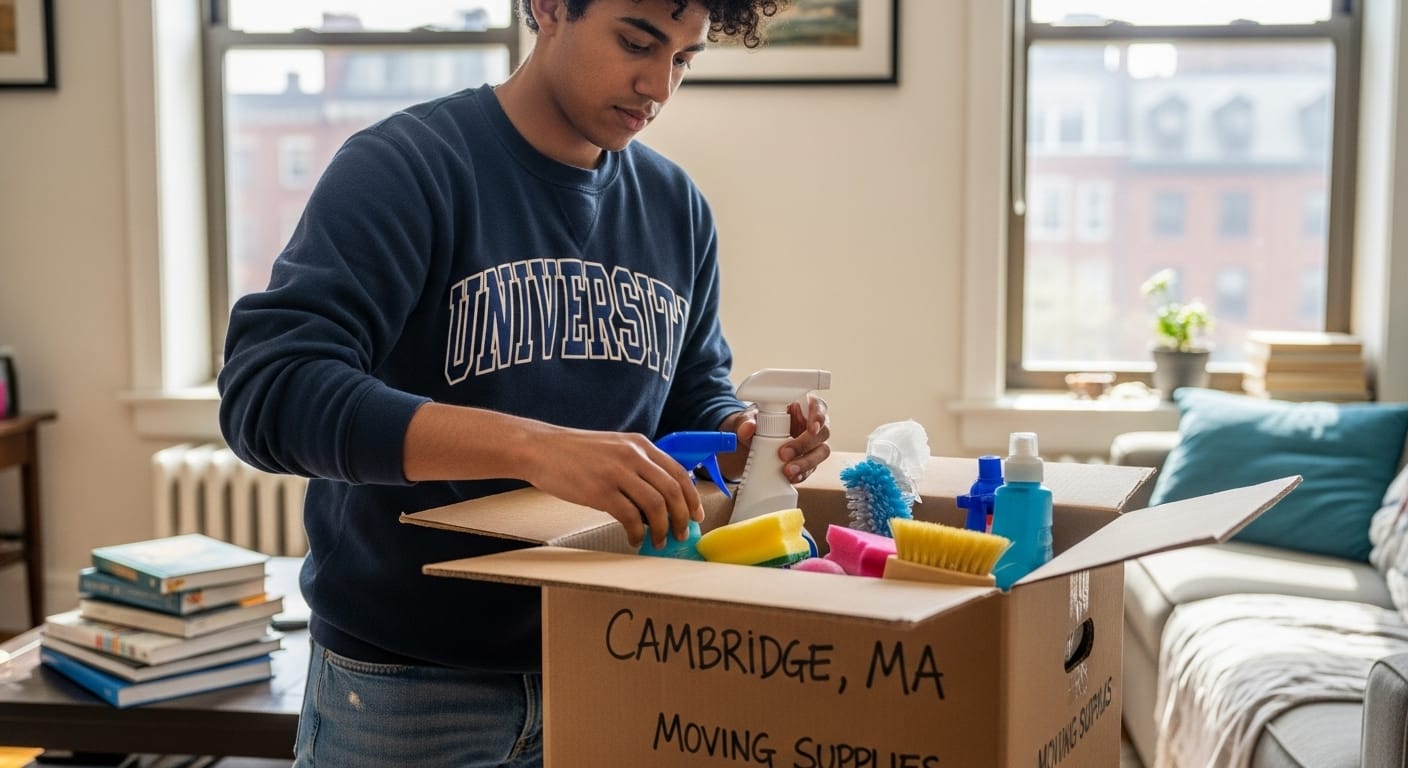 Student move-in day essentials in Cambridge including water, snacks, chargers, keys, and a first-night box with bedding and toiletries.