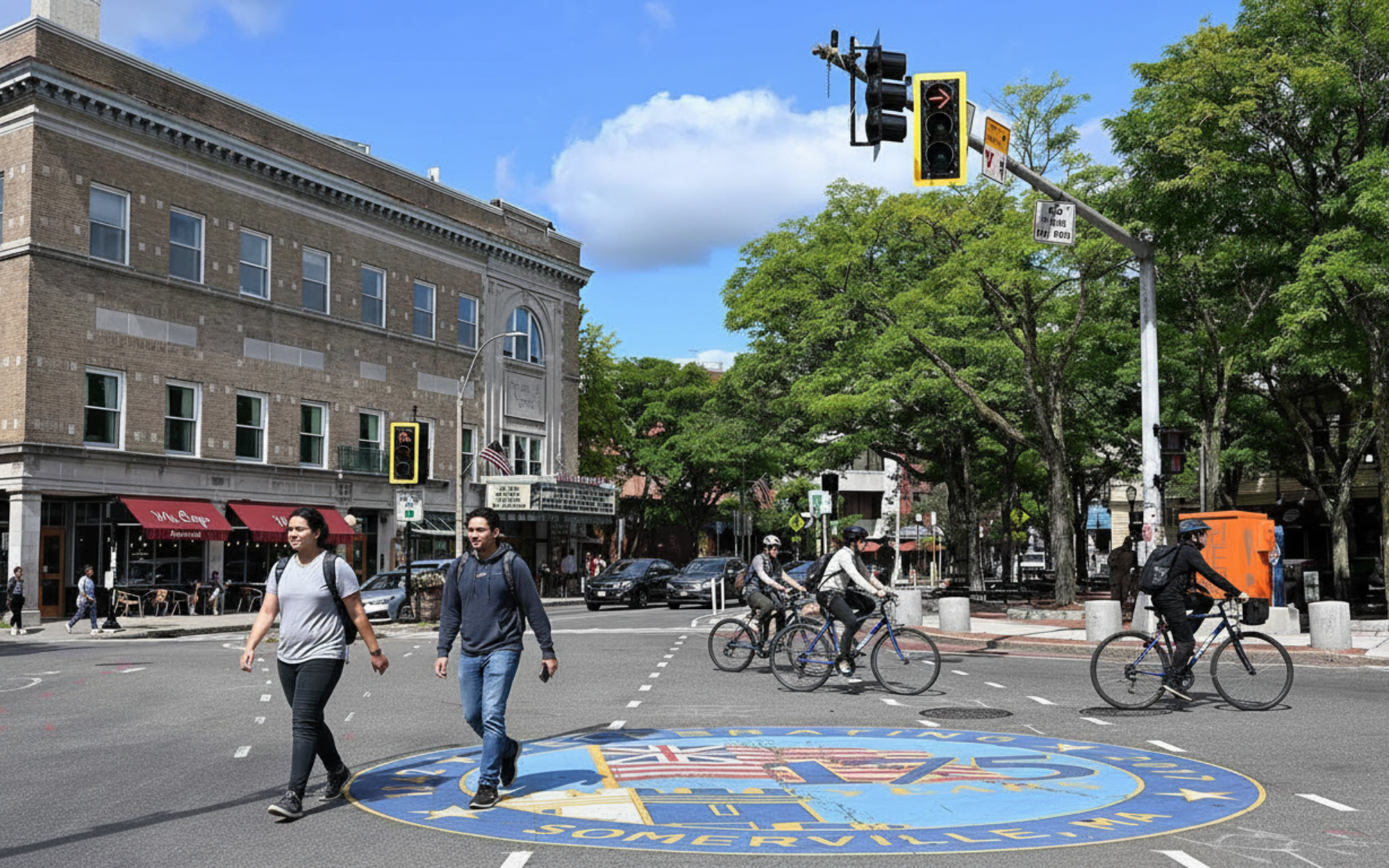 Davis Square in Somerville, MA—walkable, bike-friendly hub. Somerville remains more affordable than Cambridge in 2025, offering strong value for renters seeking lifestyle and savings.