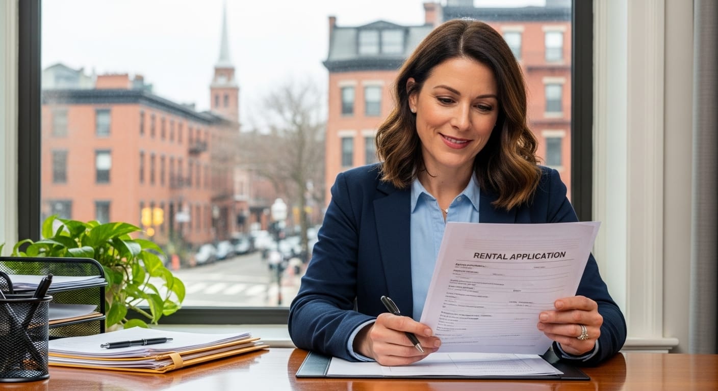 Landlord looking at rental application in Boston, where credit scores and history influence apartment approval, with high scores preferred.