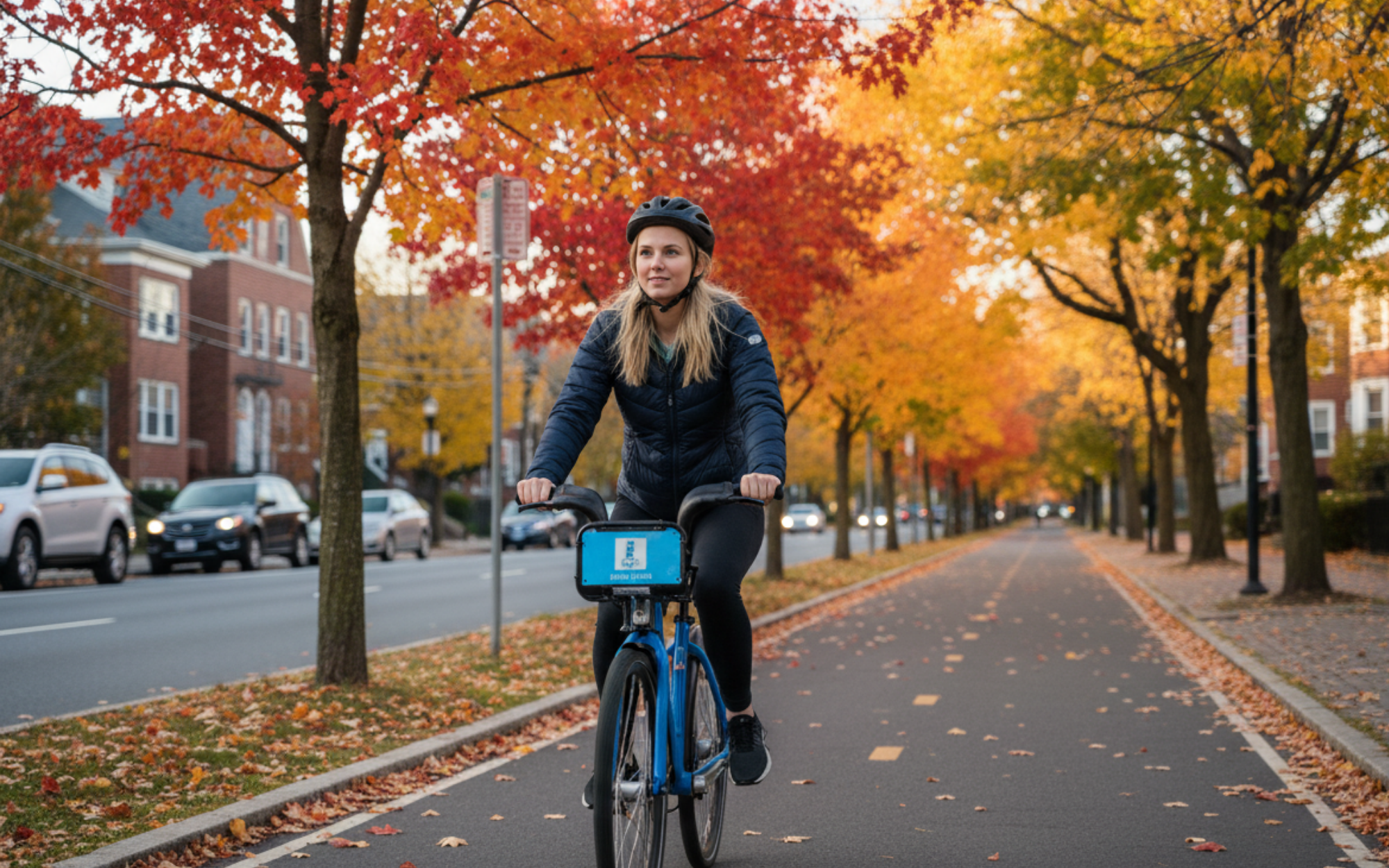 Harvard college student riding a Bluebike on a bike path in Somerville, Massachusetts, highlighting Cambridge and Somerville’s bike-friendly streets and Harvard’s support for sustainable commuting.