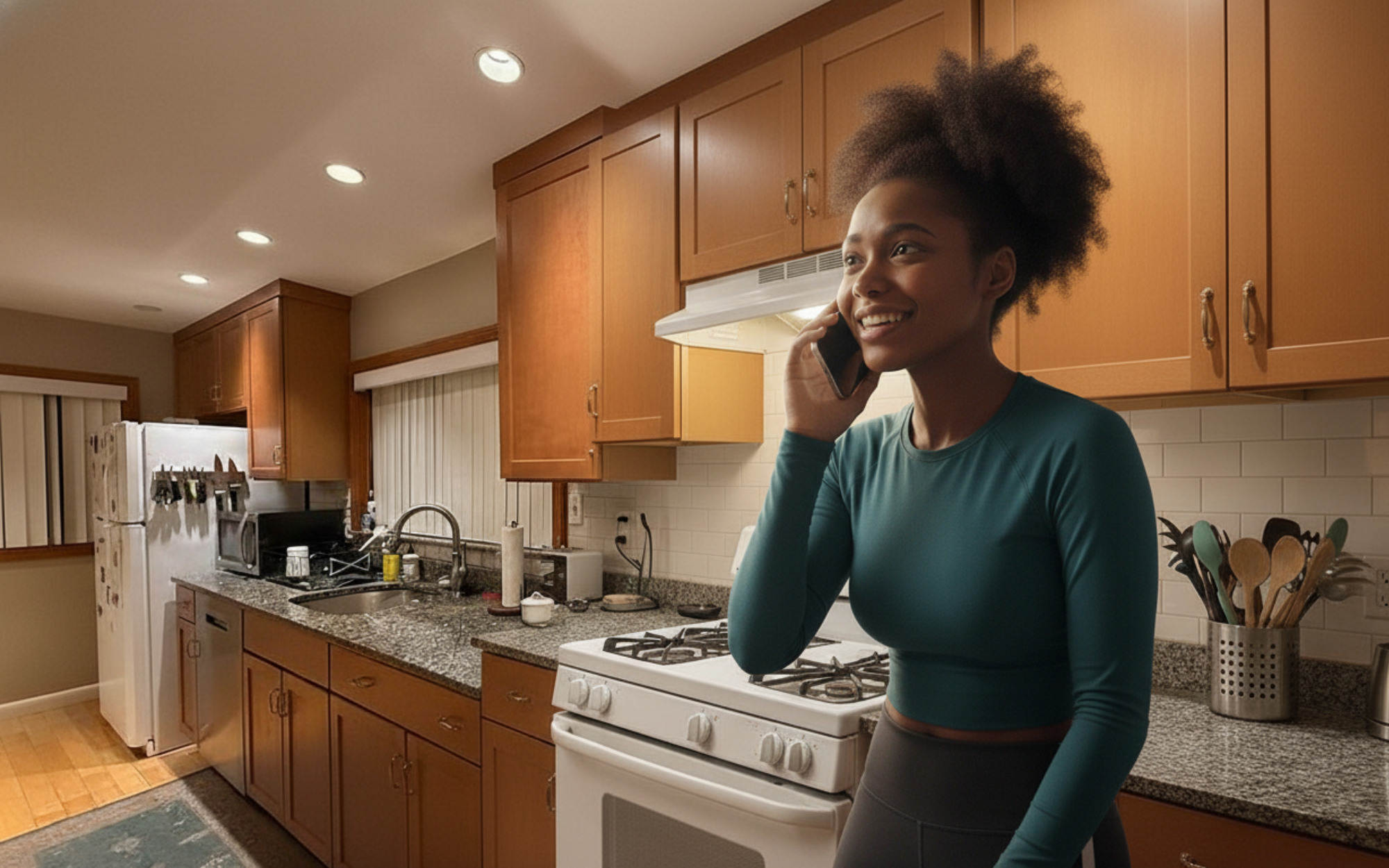 Harvard student smiling on the phone, relieved she has renters insurance to cover apartment damages and protect belongings in her off-campus housing.