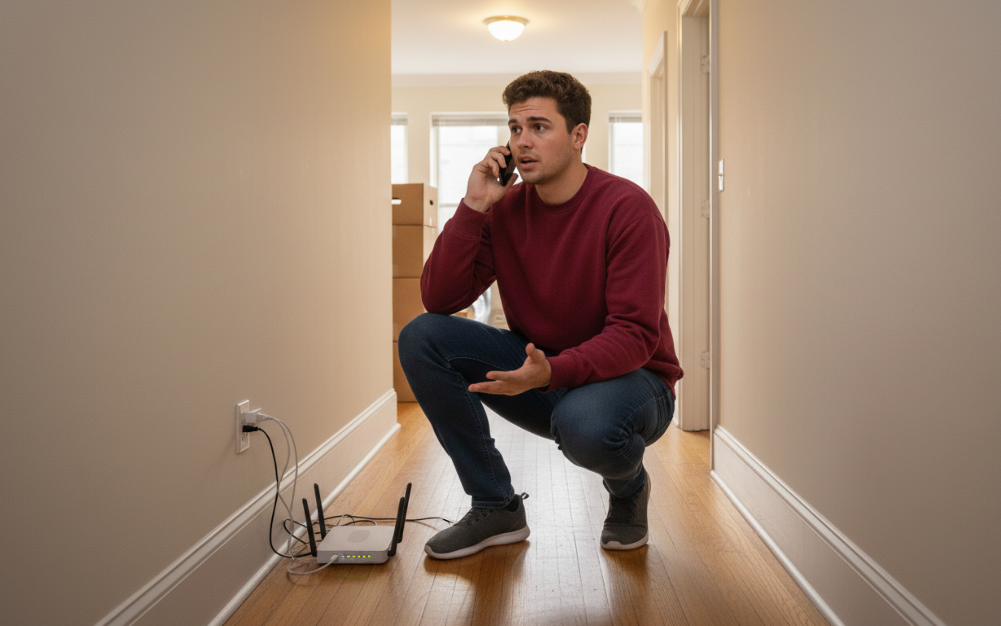 Harvard student self-installing WiFi in an off-campus apartment, choosing between Xfinity, Verizon Fios, and Starry Internet for fast and reliable student-friendly service.