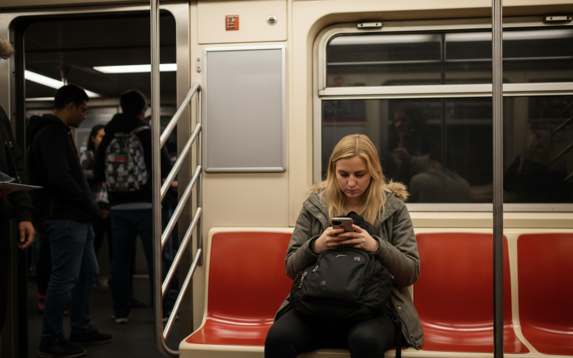 Student sitting on the Red Line subway in Boston, using a phone during a commute to Harvard Square. The image highlights the convenience and accessibility of MBTA transit for Harvard students traveling to and from Cambridge.