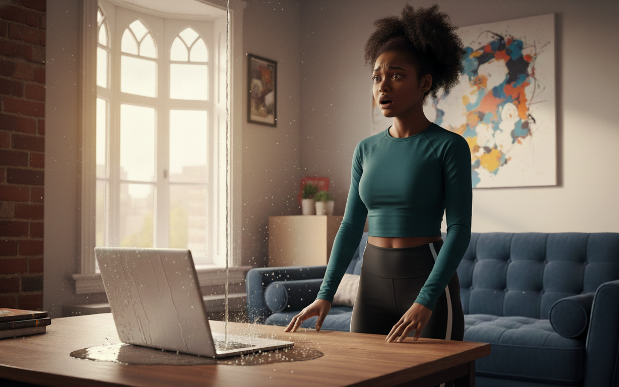 Harvard student sitting under a leaking ceiling as water drips onto her laptop, highlighting the importance of renters insurance for off-campus housing protection.