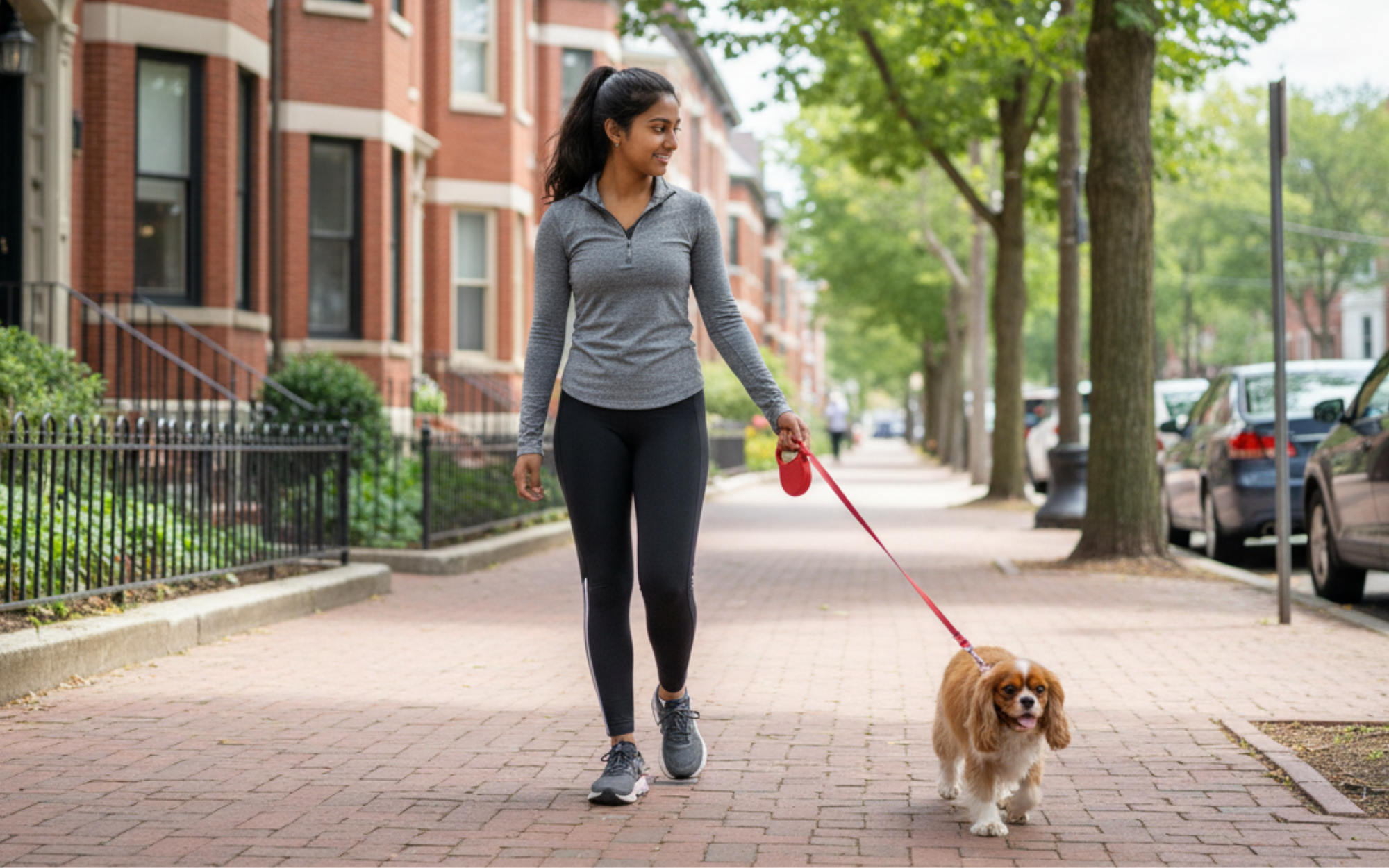 Harvard student walking their dog in Cambridge, MA, highlighting the importance of researching pet policies, budgeting for pet care, and using student networks for housing.