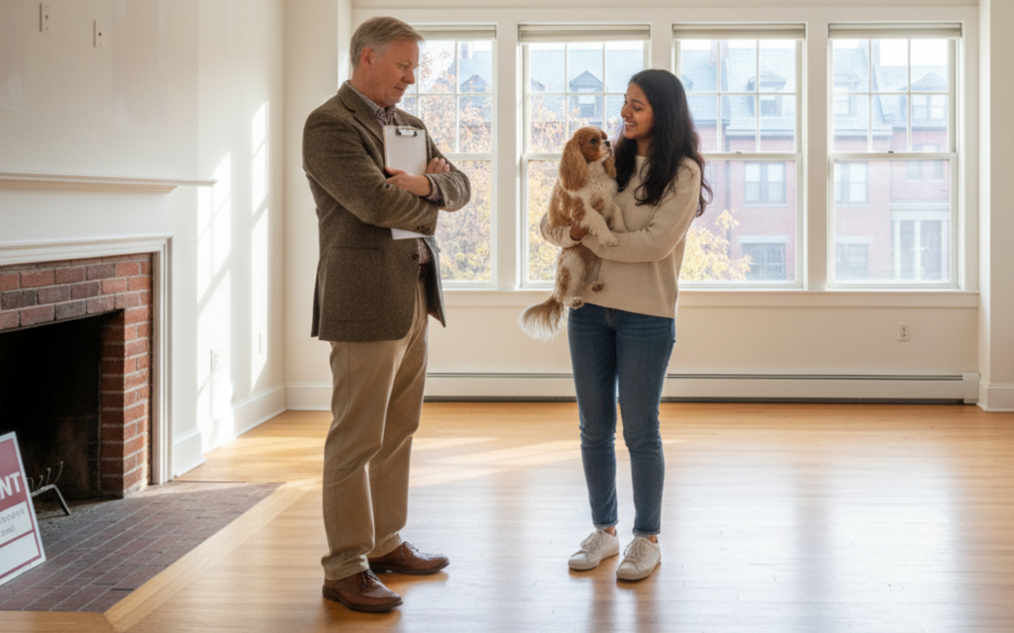 College student showing their pet to a landlord for approval, illustrating the benefits and challenges of owning a pet in off-campus housing, including costs, restrictions, and care needs.