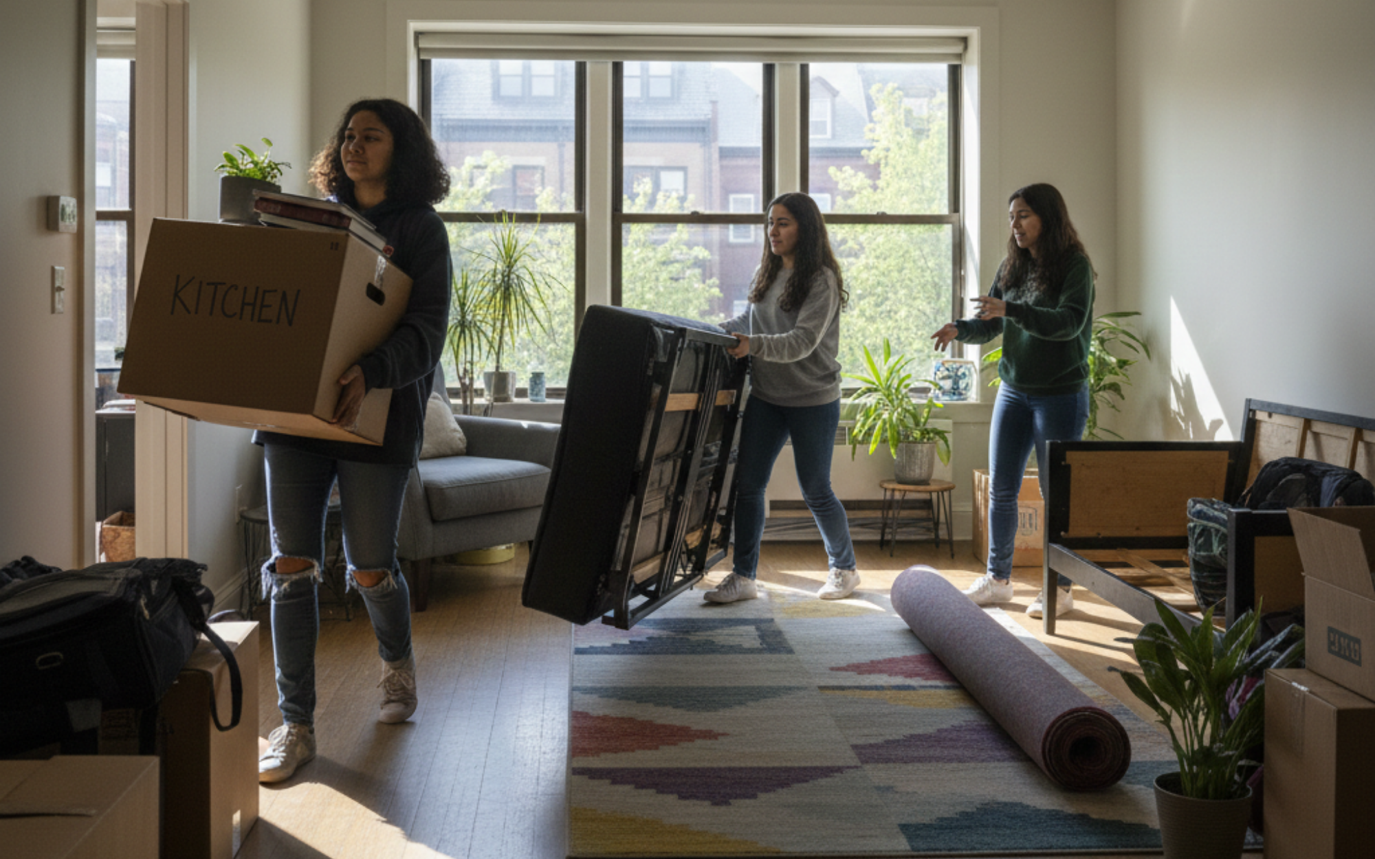 International MIT students confidently renting an off-campus apartment together after learning about budgeting, U.S. taxes, and housing resources.