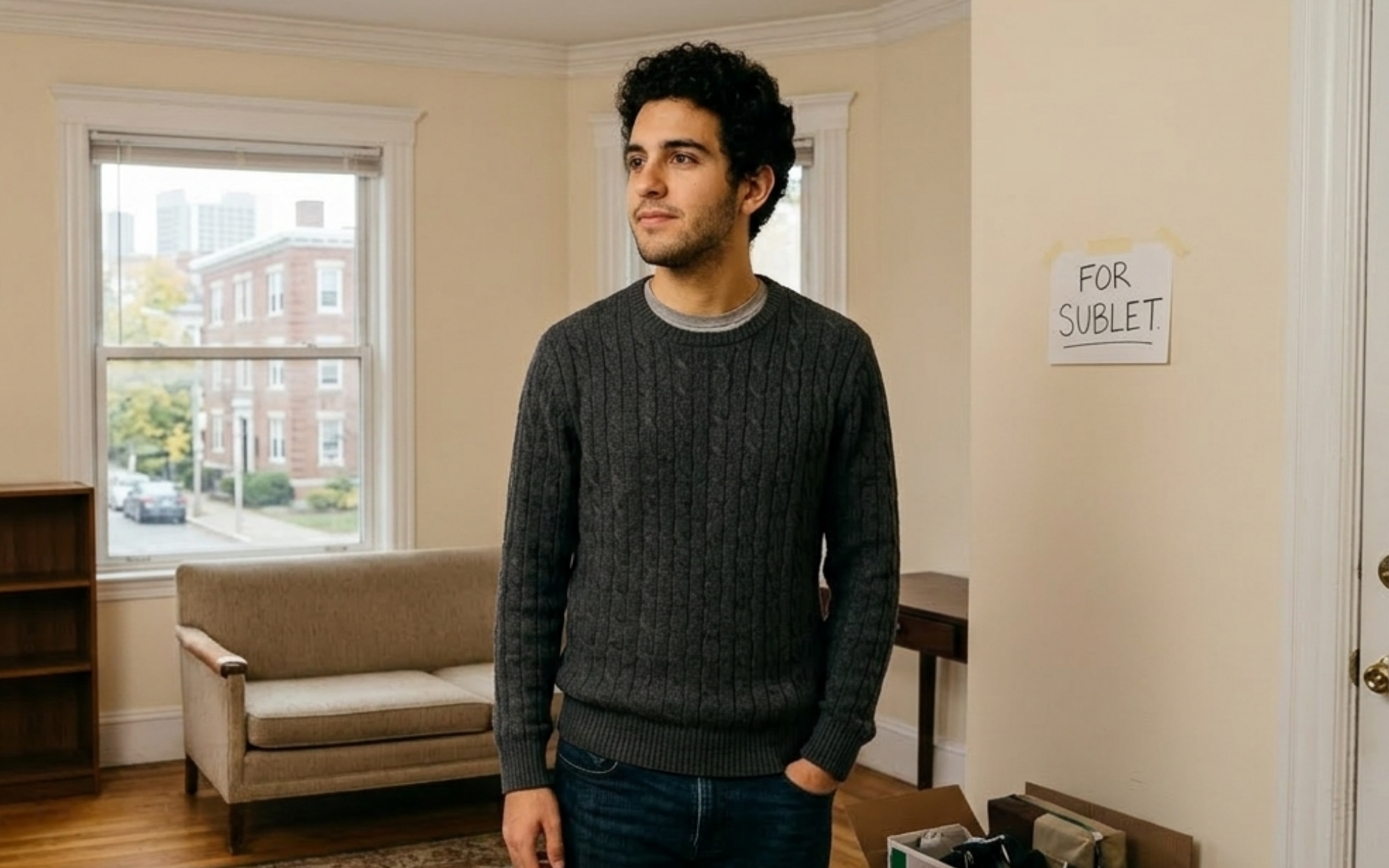 MIT student reviewing a sublet listing while searching for mid-year off-campus housing near MIT in Cambridge.